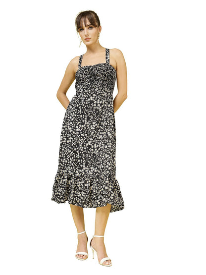 Oomph! WomenS Western & Fusion Wear Printed Crepe Dress For Women, Smocked Bodice, Black - Md1031