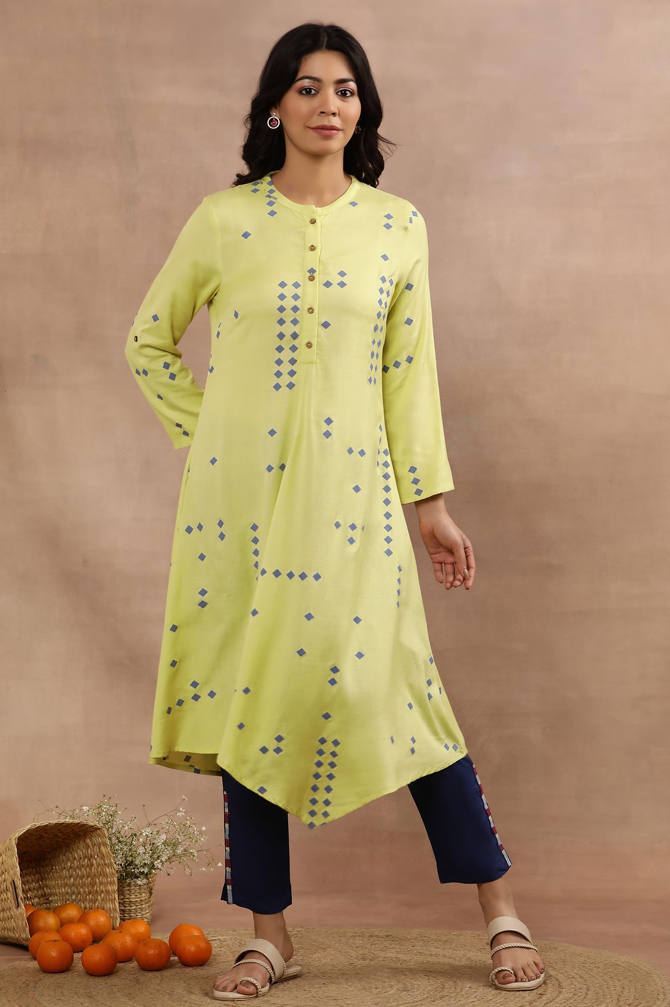 W for Woman W Women Green Geometric Print Rayon Flared Kurta set with Slim Pant