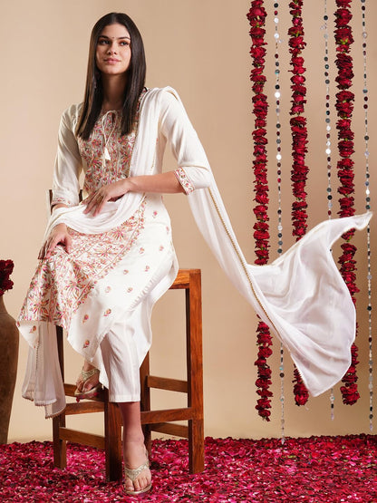 ANNI DESIGNER Women's Rayon Blend Staright Embroidered Kurta with Pant & Dupatta
