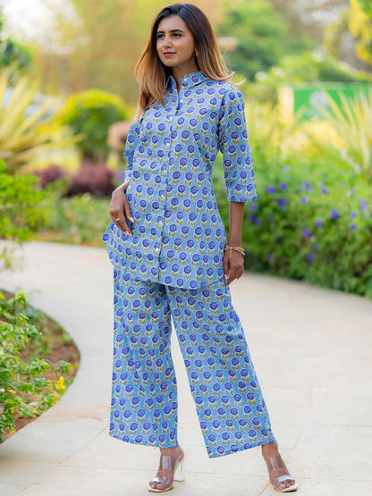 Libas Womens Printed Cotton Night Suit Set For Women Blue