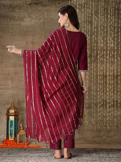 Stylum Women's Embroidered Cotton Straight Kurta Pant Dupatta Set (KPDWINELILA_Wine)