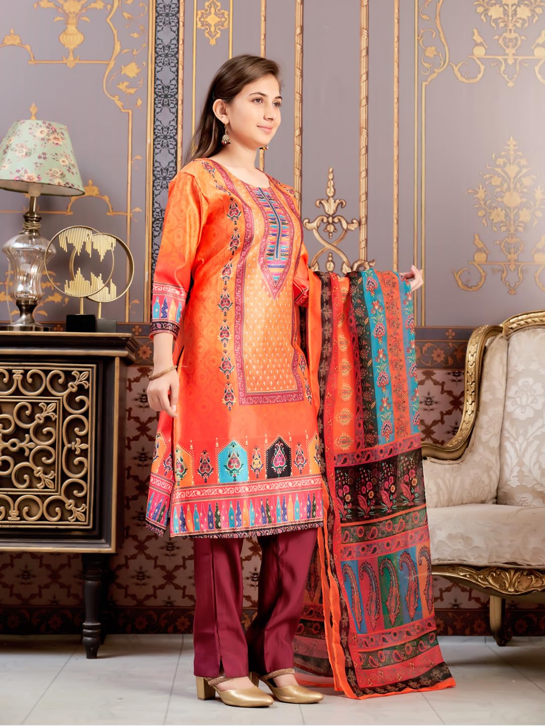 Aarika Girls Ethnic Wear Orange-Wine Colour Abstract Embalished Satin Kurti Pant Set-8-15 Years (Kp-Tr-K-1039)