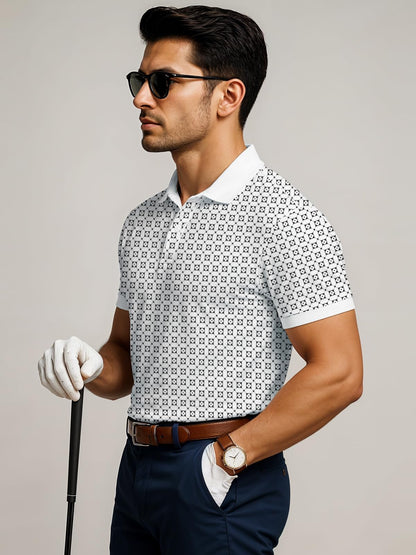 Mens Cotton Printed Polo Tshirt | 220 GSM Interlock Fabric | Slim Fit | Skin-Friendly Ink | White Golf-Inspired Pattern T Shirt