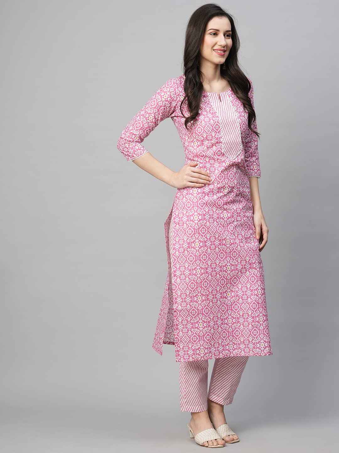 GoSriKi Women's Cotton Blend Printed Straight Kurta with Pant (Kavi Pink-Nw06-GS)