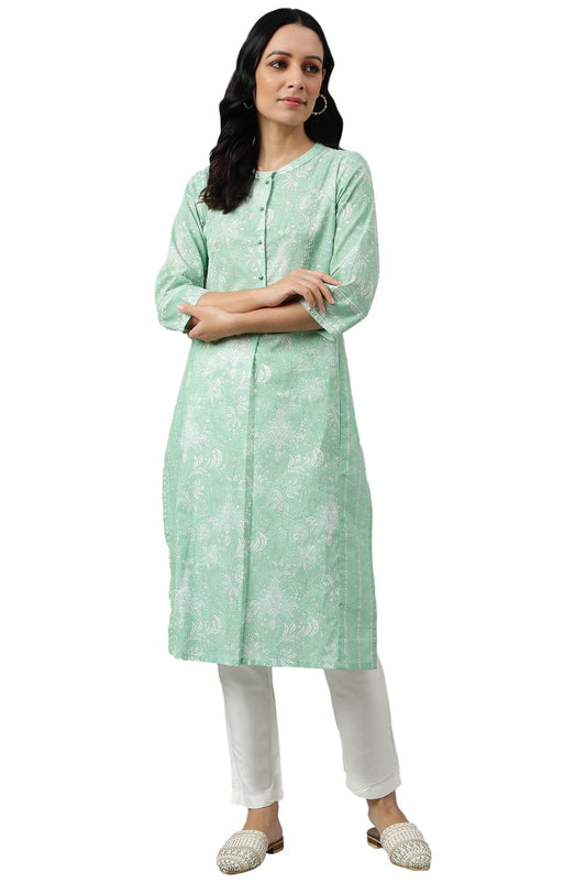 W for Woman Women Cotton Floral Printed Button Down Regular Kurta