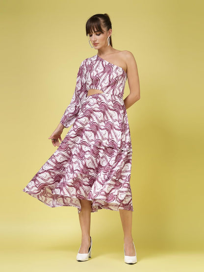 OOMPH! Womens Western & Fusion wear Printed Crepe Dress for Women, One Shoulder, Purple - md1076