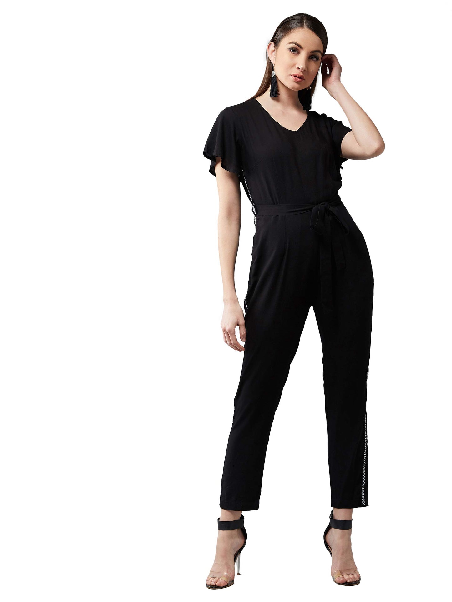 Miss Chase WomenS Black V-Neck Flared Short Sleeves Solid Straight Leg Regular Length Tie Up Jumpsuit(Mcaw19D04-31-62-06,Black,