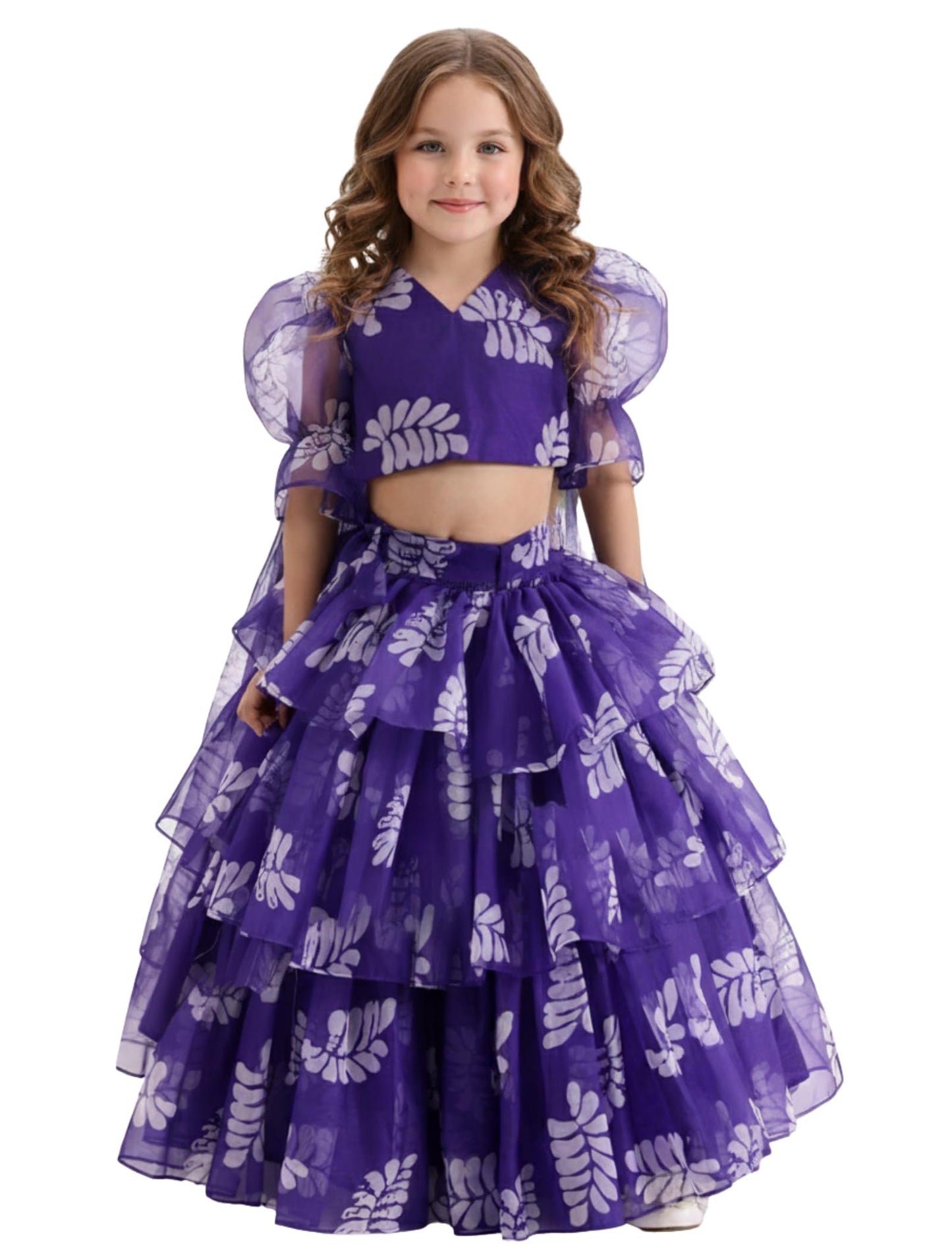 Naixa GirlS Organza Leaf Pattern Lehenga Choli Set With Puffs Sleeve V- Neck And Elastic Closure Type| Ready To Wear Lehenga Ch