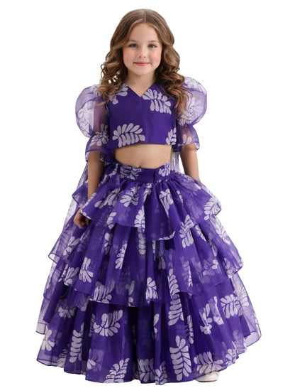 Naixa GirlS Organza Leaf Pattern Lehenga Choli Set With Puffs Sleeve V- Neck And Elastic Closure Type| Ready To Wear Lehenga Ch