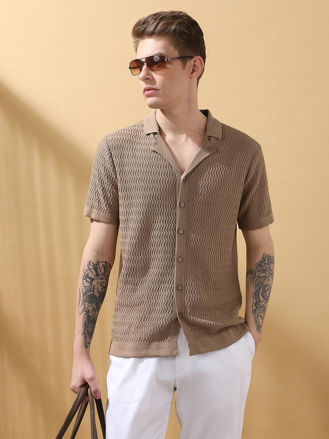Dennis Lingo Regular-Fit Beige Half-Sleeves Cotton T Shirts For Men