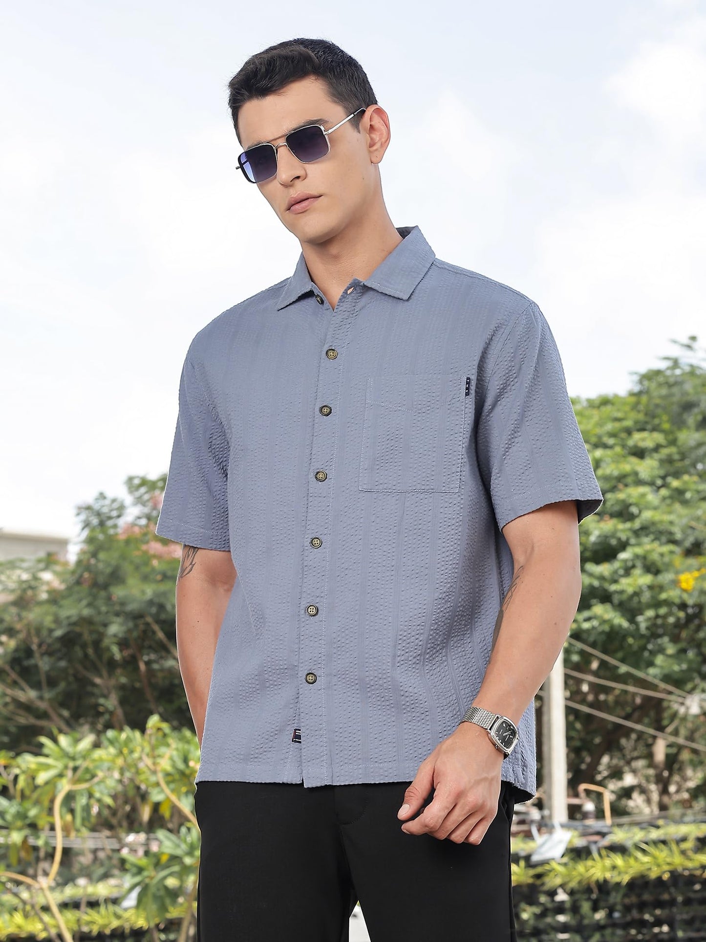 Thomas Scott Mens | Stripes | Seer Sucker Fabric | Spread Collar | Half Sleeve | Casual | Shirts for Men Mid Blue