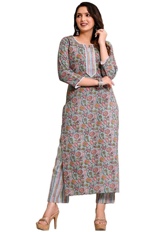 GoSriKi Women's Cotton Blend Printed Straight Kurta with Pant (Dawai Green-SNW-GS)