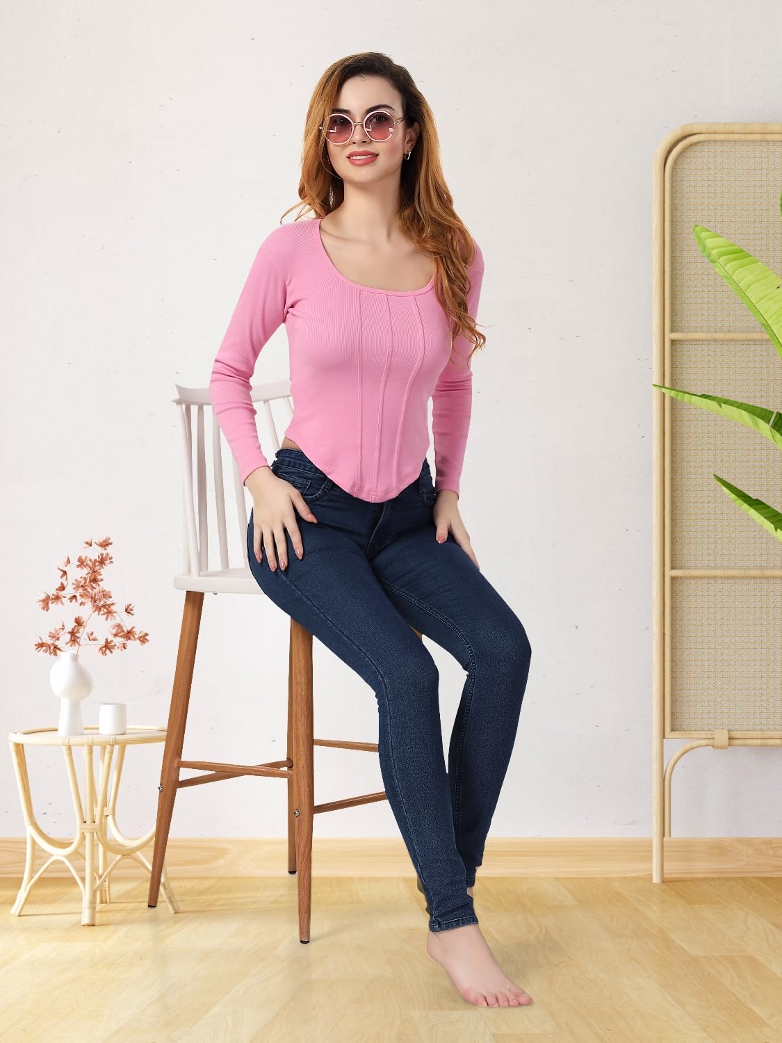 Fabme WomenS Full Sleeves, Square Neck Stylish Rib Crop Top - Pink