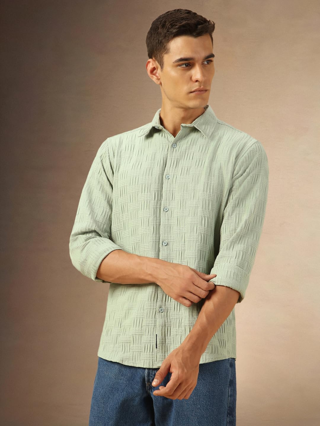 Dennis Lingo Men Regular Fit Cotton Solid Full Sleeves Spread Collar Shirt Green