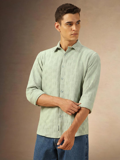 Dennis Lingo Men Regular Fit Cotton Solid Full Sleeves Spread Collar Shirt Green