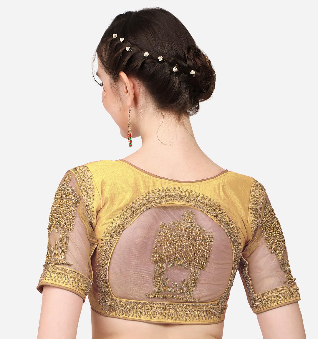 Pujia Mills WomenS Multicolor Temple Embroidery Net Back Sequence Khatli Work Sleeves Design Phantom Silk Readymade Saree Blous