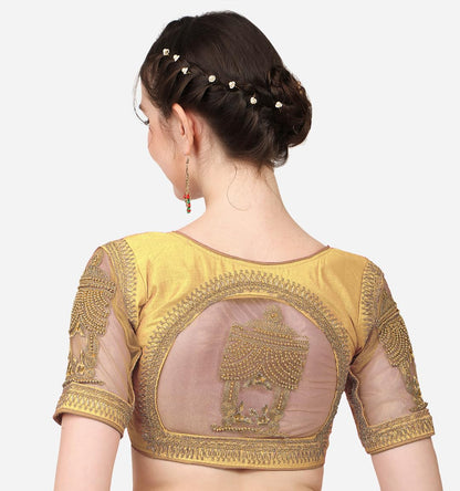 Pujia Mills WomenS Multicolor Temple Embroidery Net Back Sequence Khatli Work Sleeves Design Phantom Silk Readymade Saree Blous