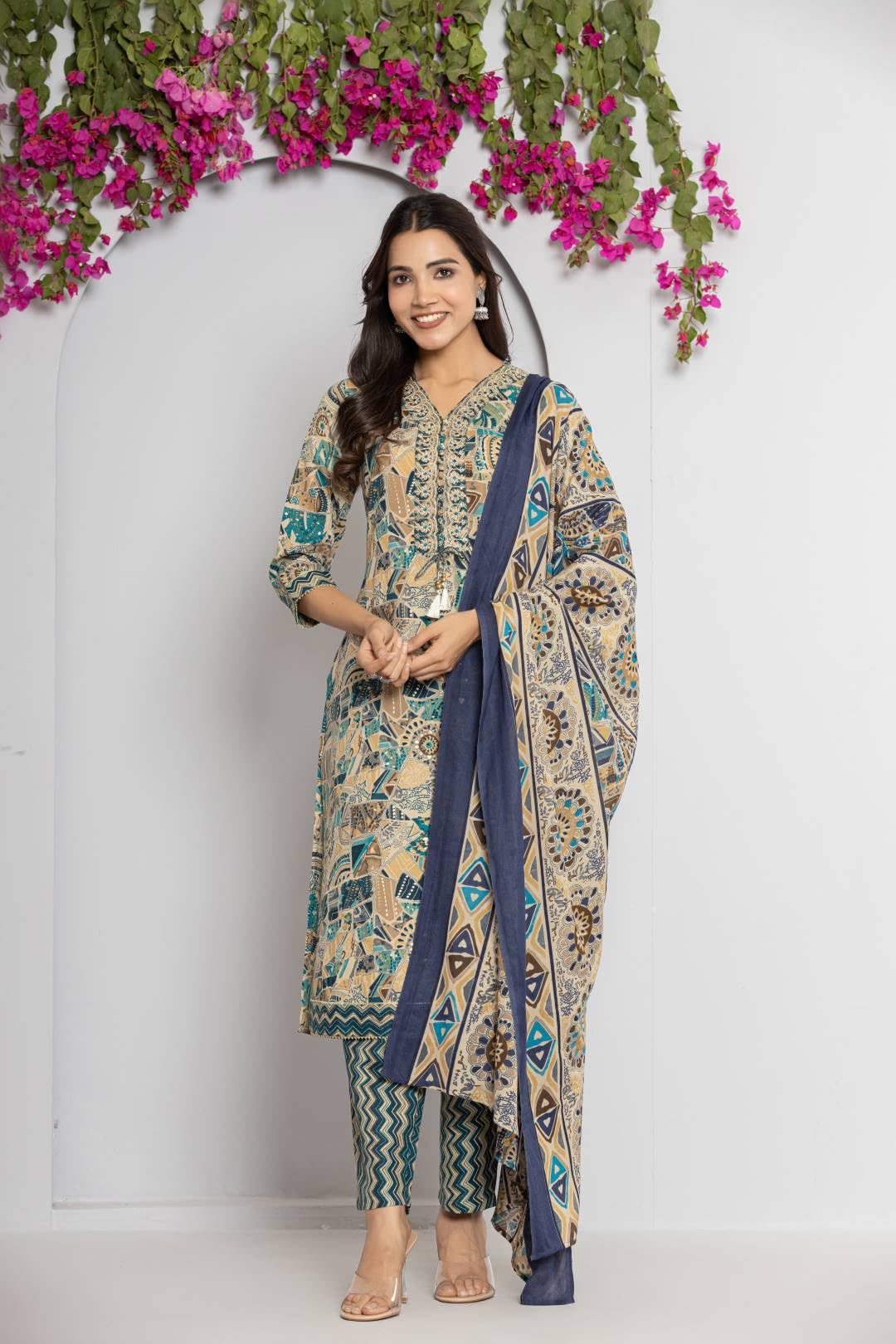 Varanga Women Blue V Neck Abstract Printed Kurta Paired With Bottom And Dupatta
