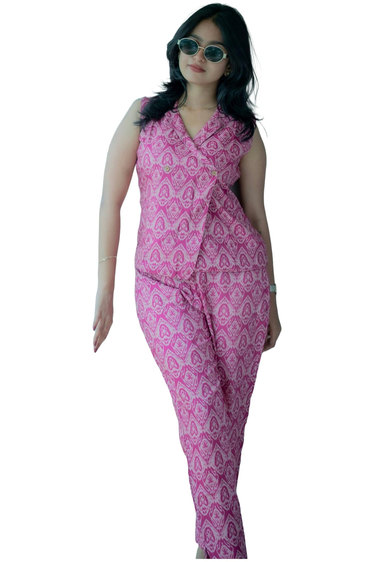 ANNI DESIGNER Womens Printed Jacket with Pant Co-Ord Set (Abram Pink_XL_Pink_X-Large)