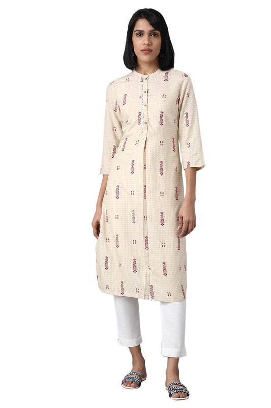 W for Woman Rayon Women Mandarin Neck Printed Shirt Straight Kurta