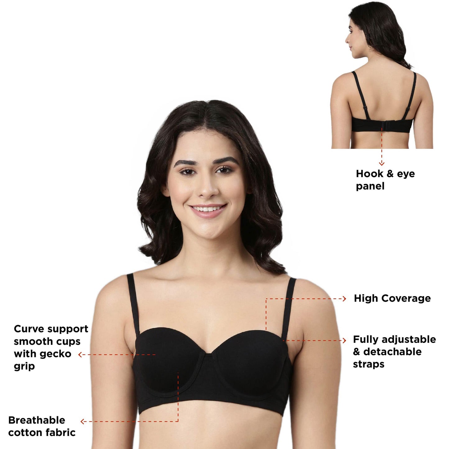 Enamor A078 Strapless Cotton Bra for Women- Full Coverage, Padded and Wired Black