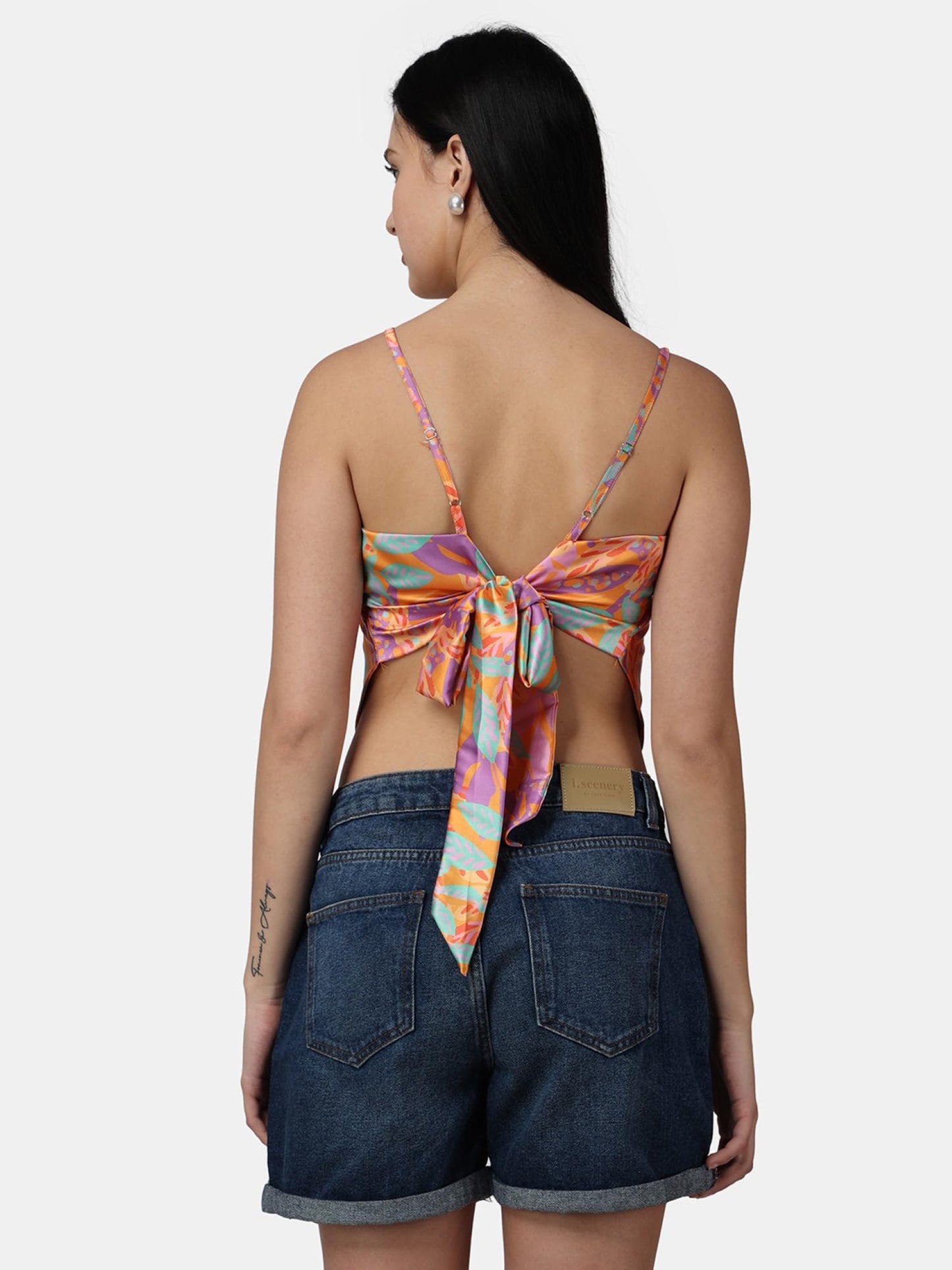 POPWINGS Casual Printed Satin Scarf Knot Style Crop Top for Women || Square Neck Crop Top for Women || Sleeveless Crop Top for W