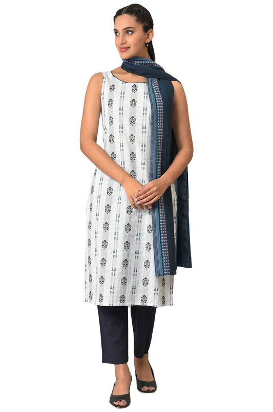 White Floral Cotton Sleeveless Kurta Set