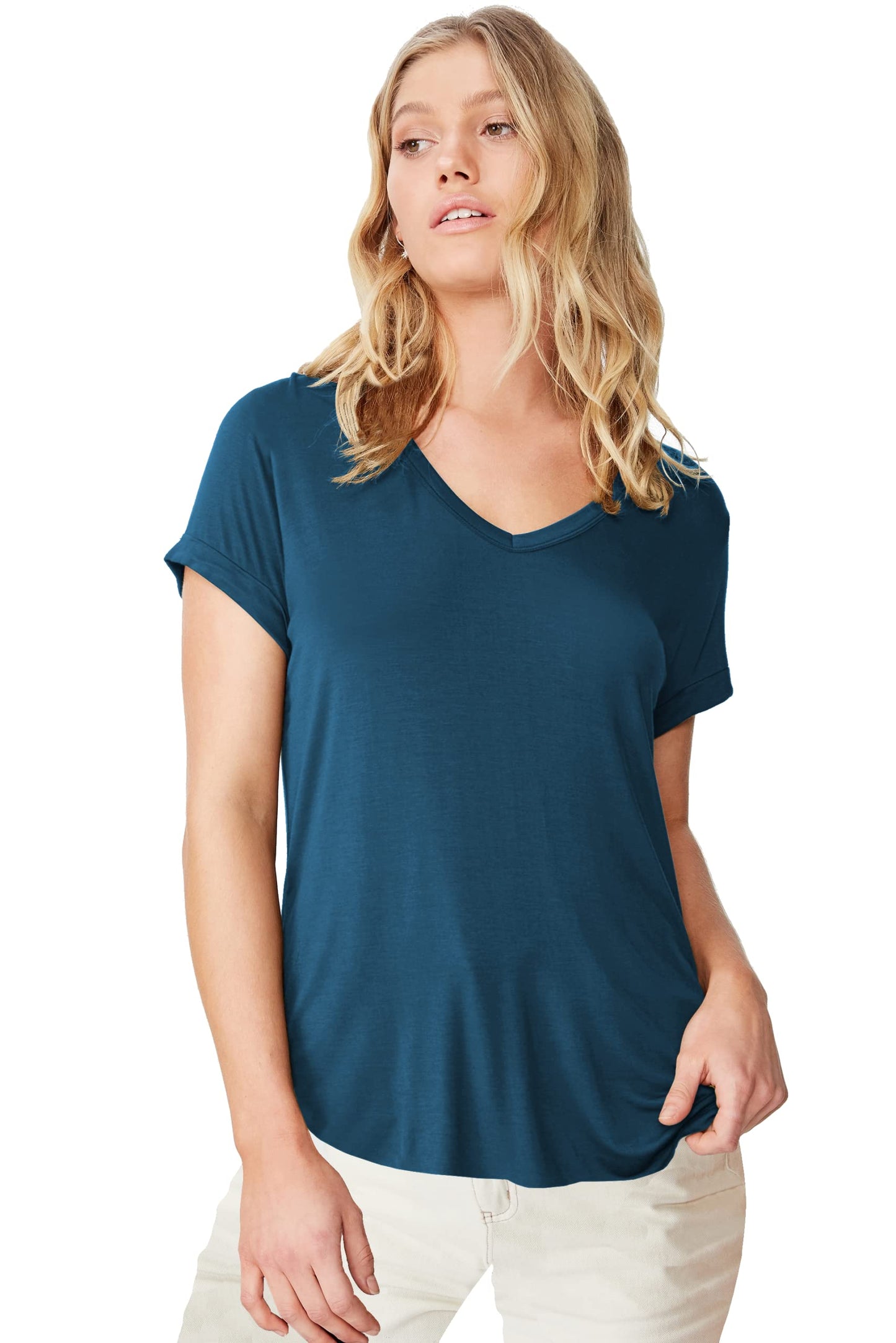Fabricorn Combo Of Plain Airforce Blue V-Neck And Black Round Neck Up And Down Cotton Tshirt For Women (Airforce Blue And Black,