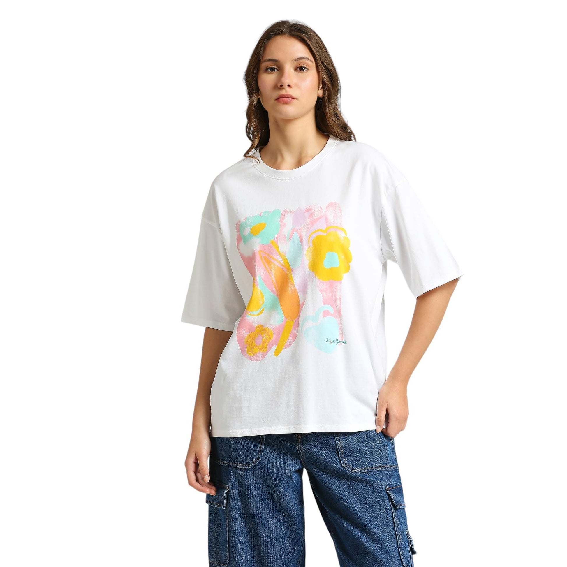 Pepe Jeans WomenS Floral Oversized Fit T-Shirt (Pl505920_Optic White