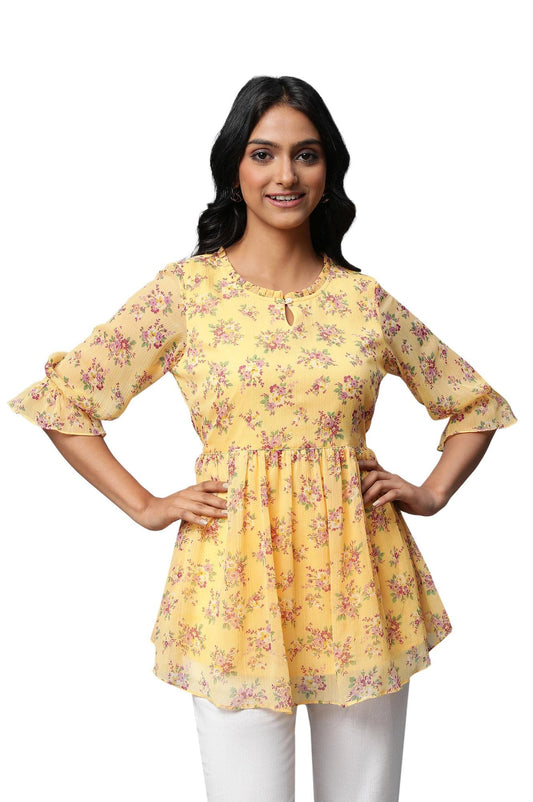 Yellow Floral Print Flared Short Chiffon Kurti