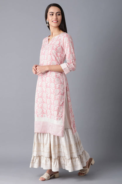 W For Woman Light Pink Floral Printed Cotton Regular Kurta with Sequins