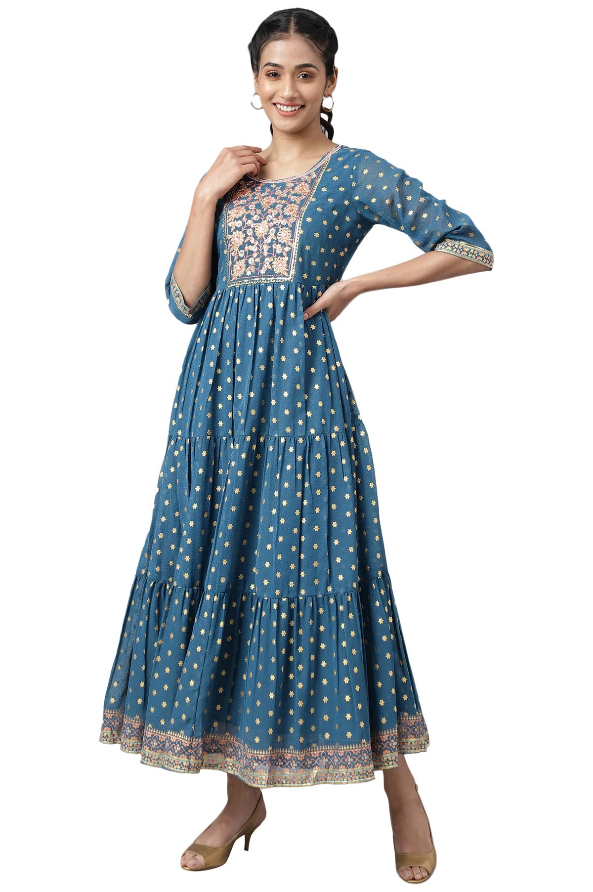 Aurelia Blue Embroidered Foil Tiered Dress