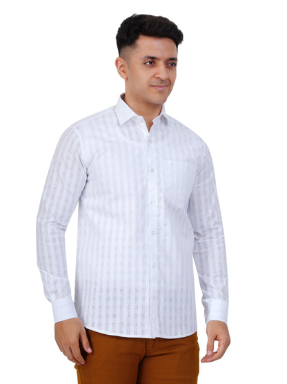 PRAKASAM COTTON Minister Cotton White Full Sleeve Shirt for Mens/White Regular Fit Full Sleeve Transparent with Self Design Shi