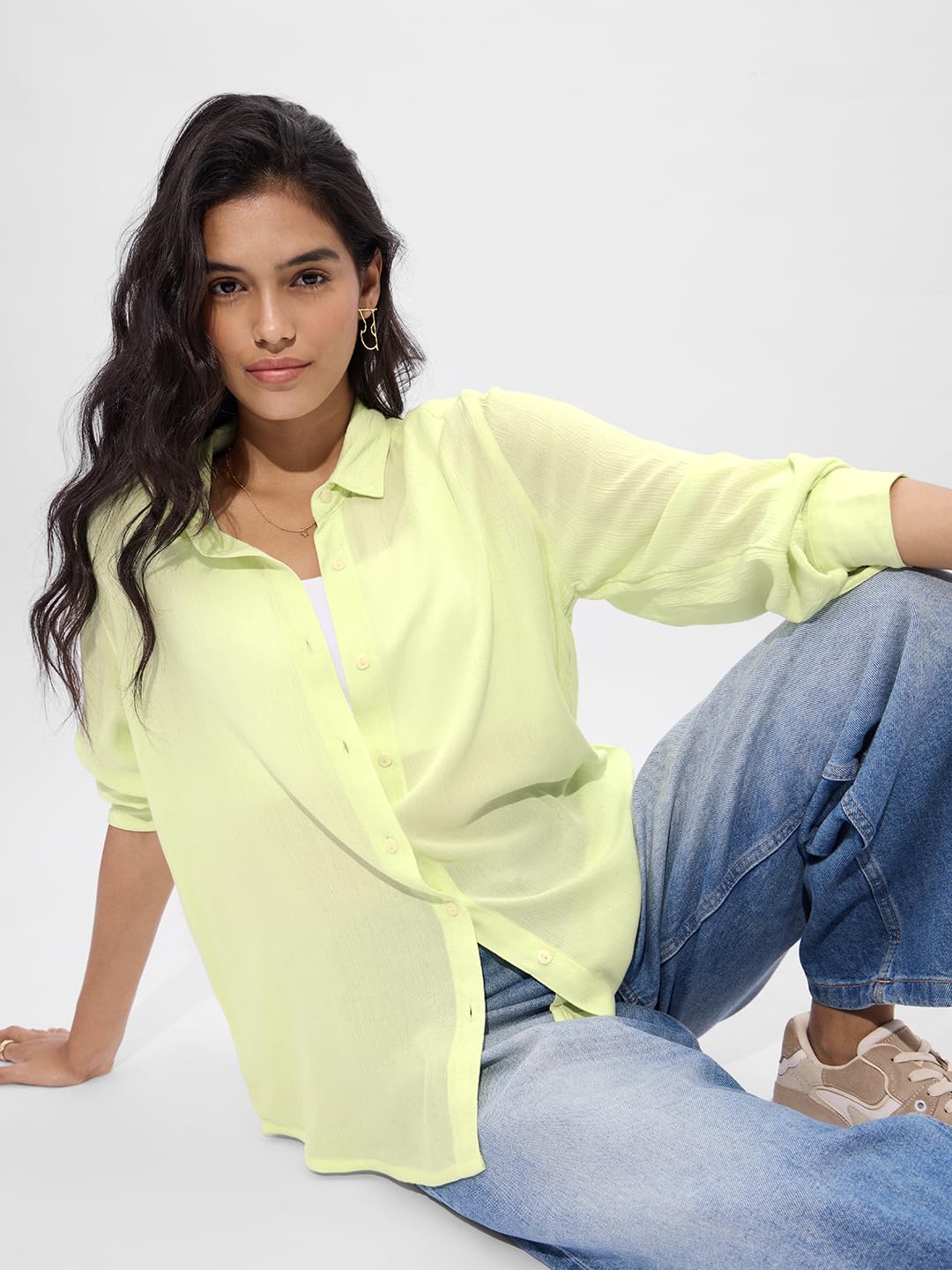 The Souled Store Textured Shirt: Light Lime Women and Girls Long Sleeve Collared Neck Button Down Boyfriend Shirts Womens Shirts