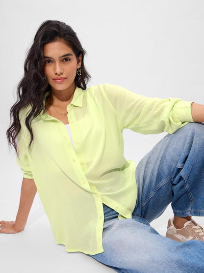 The Souled Store Textured Shirt: Light Lime Women and Girls Long Sleeve Collared Neck Button Down Boyfriend Shirts Womens Shirts