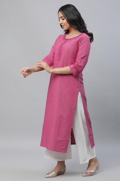 Aurelia Pink Striped Cotton Embroidered Regular Kurta