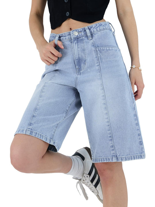 The Souled Store Denim Bermuda: Ice Blue Women and Girls Buttoned Knee Length Solid Cotton Bermuda Shorts