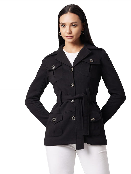 Dolce Crudo Womens Black V-Neck Full Sleeve Solid Longline Jacket (DOAW21JKT03-44-62-04,Black,M)