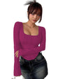 Sugathari Womens Wine Solid Long Sleeve Wrap-Style Square Split Crew Neck Bodycon Women T-Shirt Spring and Summer Top, Minimali