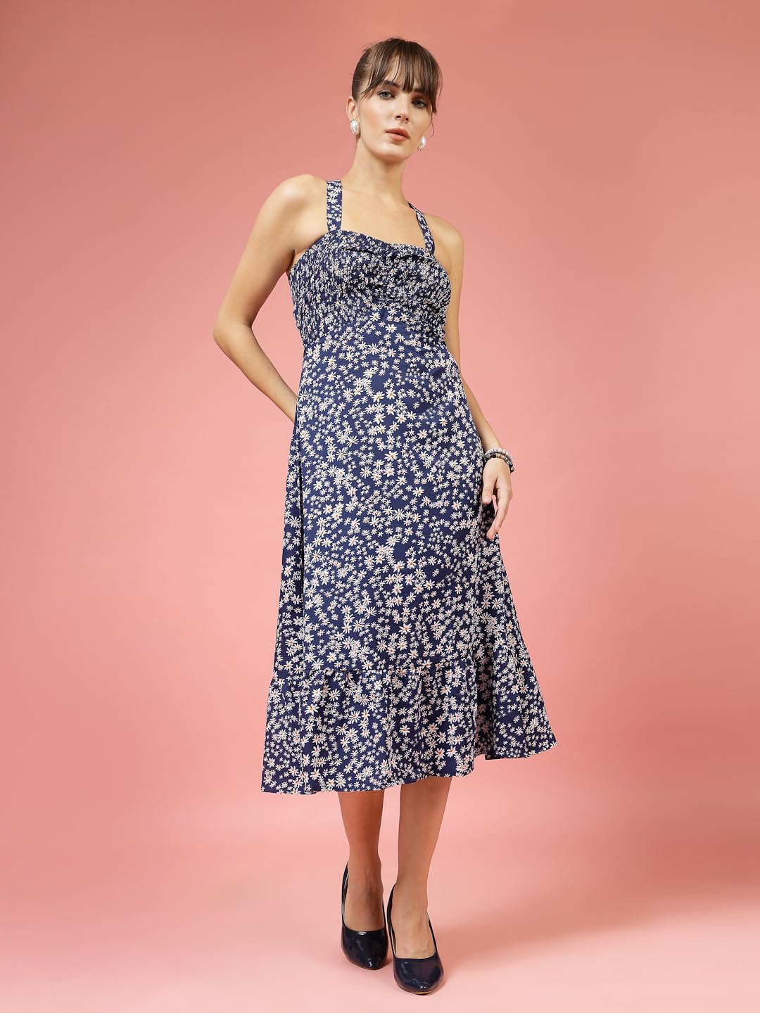 Oomph! WomenS Western & Fusion Wear Printed Crepe Dress For Women, Smocked Bodice, Blue - Md1032