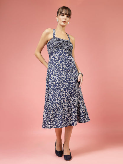 Oomph! WomenS Western & Fusion Wear Printed Crepe Dress For Women, Smocked Bodice, Blue - Md1032