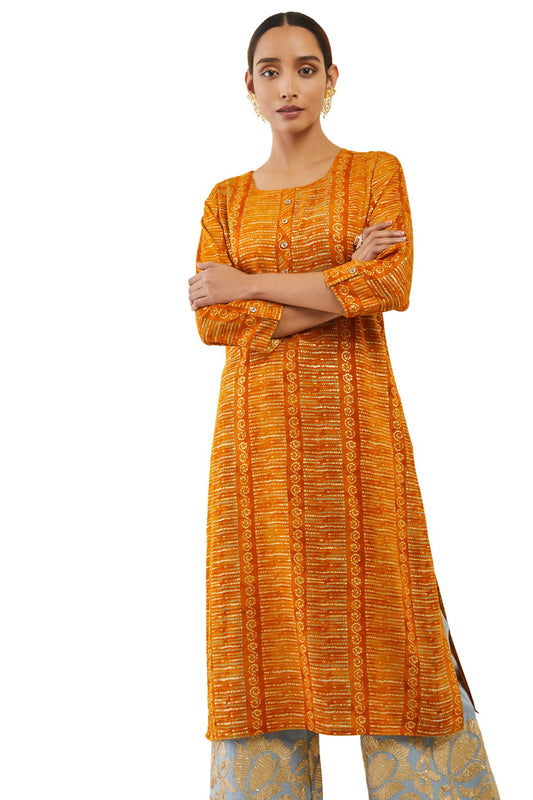 Soch Women's Rayon Straight Kurta With Shibori Block Print