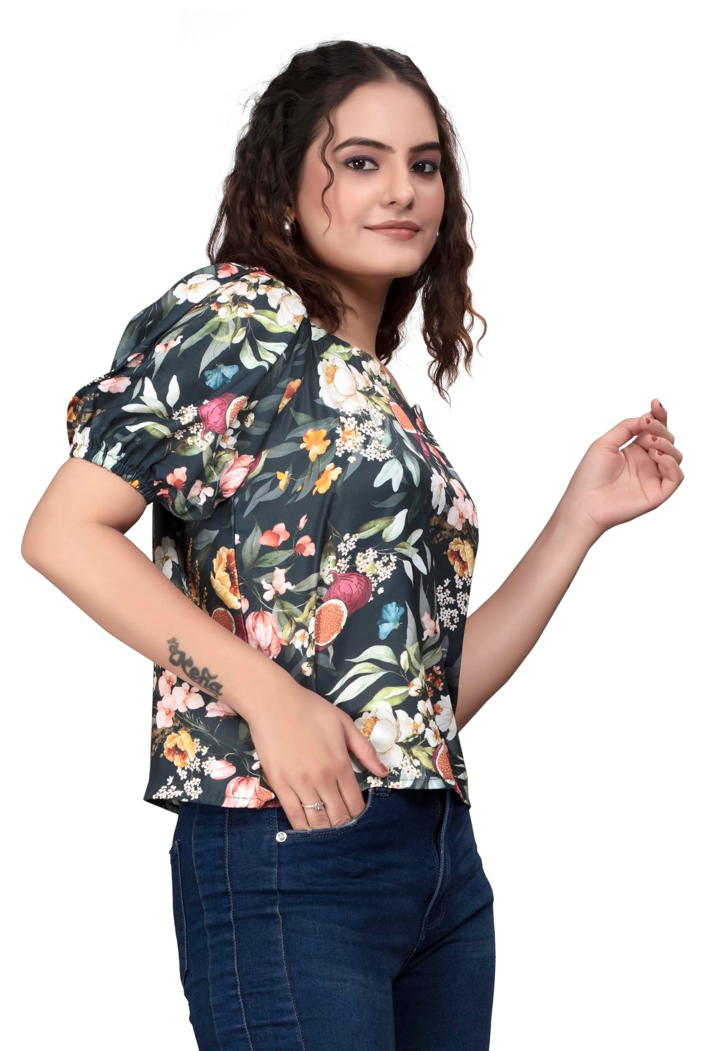 PATLANI Womens Dark Blue Floral Printrd Fullstitched Moss Top.