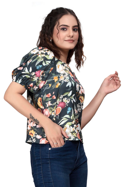 PATLANI Womens Dark Blue Floral Printrd Fullstitched Moss Top.