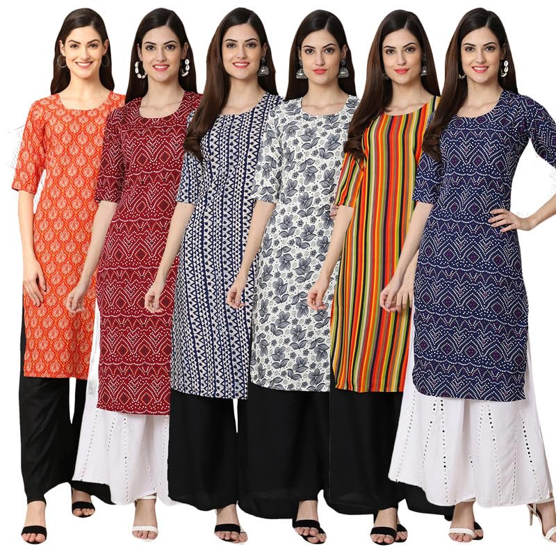 Pinkmint Straight Vibrant Colour Crepe KurtiS For WomenS Ll Fashion Fusion Kurti Ll Summer Kurti (Pack Of 6)