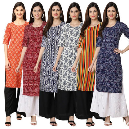 Pinkmint Straight Vibrant Colour Crepe KurtiS For WomenS Ll Fashion Fusion Kurti Ll Summer Kurti (Pack Of 6)