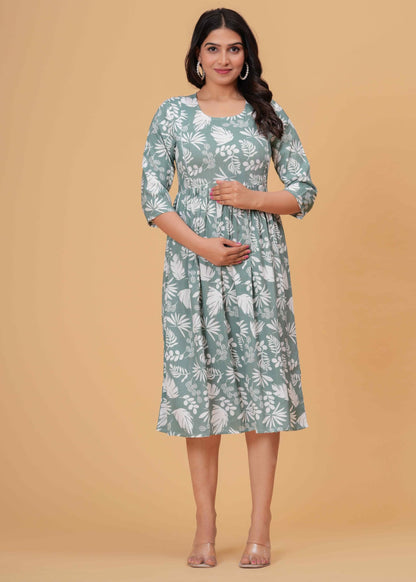 Jikonet WomenS Maternity Feeding Kurti Printed Pregnancy & Nursing Dress Comfortable Breastfeeding Womens Kurta (Laurel Green,