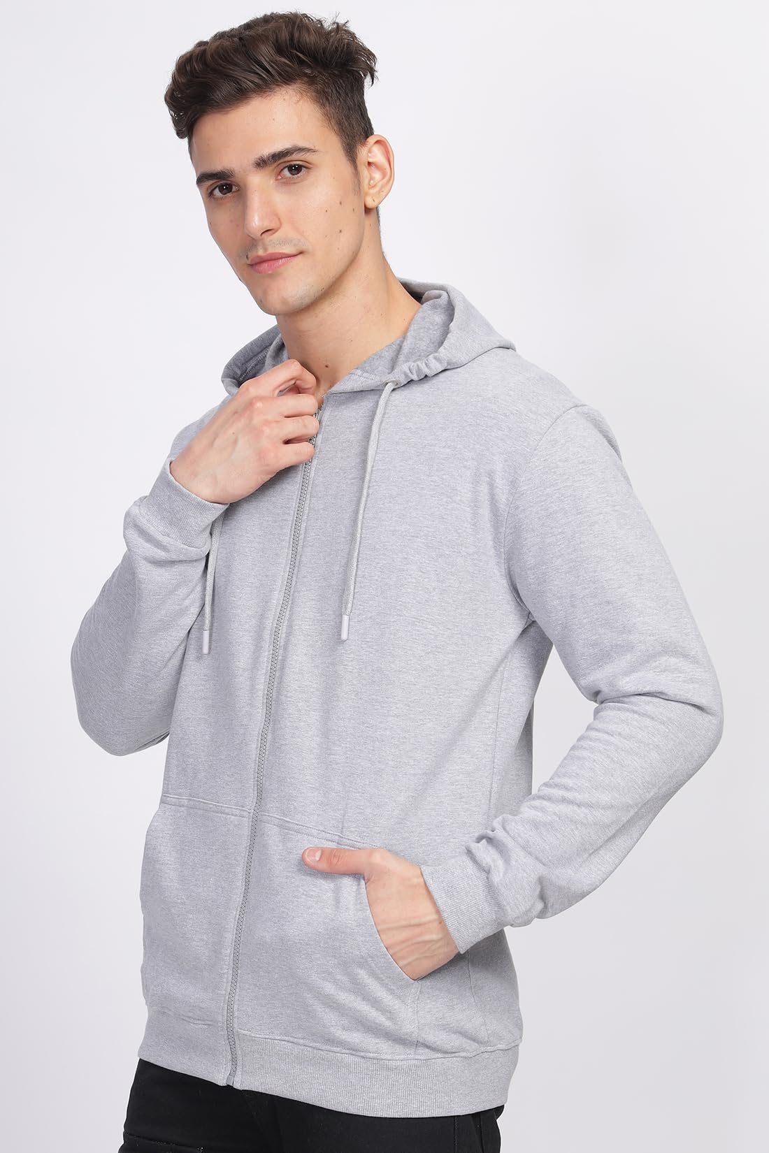ADRO Men's Cotton Neck Hooded Sweatshirt (ZHH-24-PLN-GR_Grey