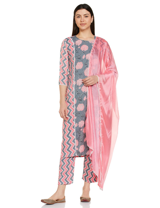 Gosriki Women'S Cotton Blend Printed Straight Kurta With Pant & Dupatta (Rinki Grey_S-Go_Grey_Small)