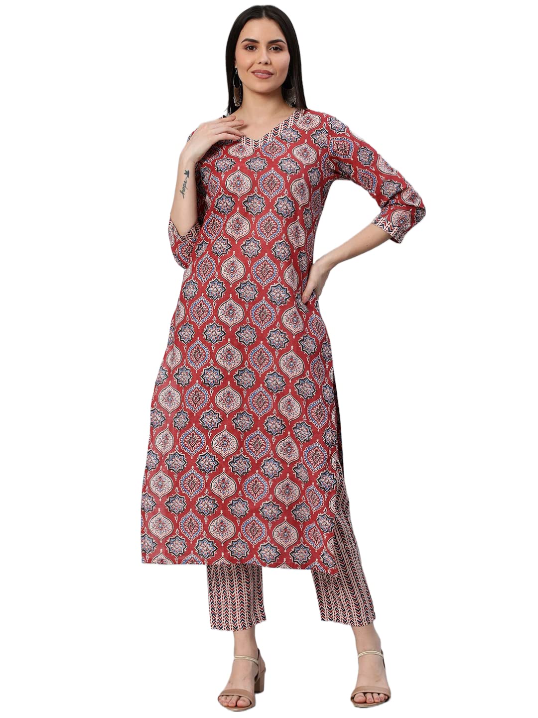ANNI DESIGNER Ladies Cotton Blend Kurta with Trousers, red, S